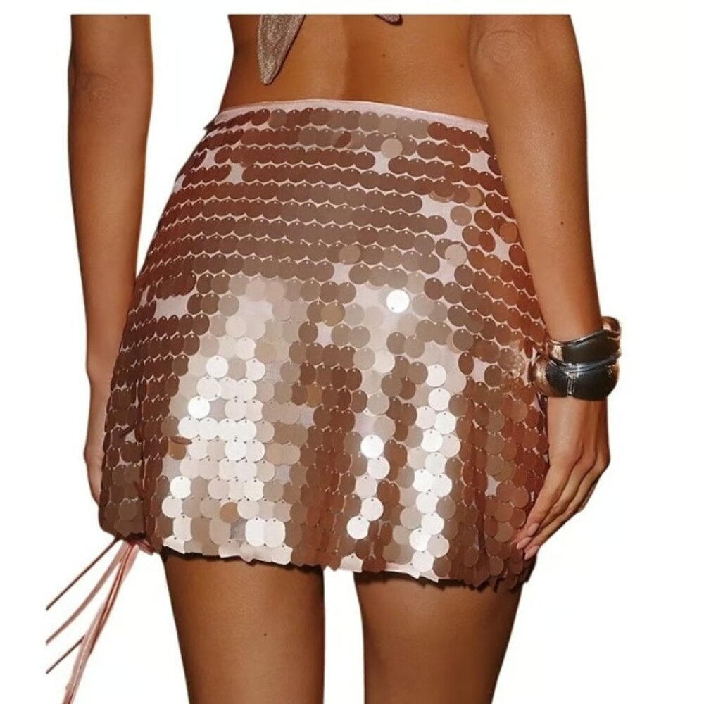 Flat White Anthropologie Pink‎ Quartz Sequin Mini Skirt Slit Side Tie Small - Picture 3 of 10